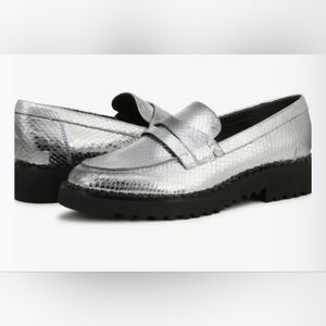 New Franco Sarto Cassandra Metallic Silver Penny Loafers Women's Size 6